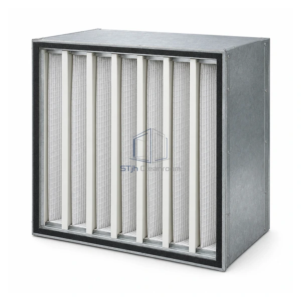 STJH-RIGID-BOX-AIR-FILTER-MERV14-292 deep galvanized rigid-box air filter with vertical media packs on a white background