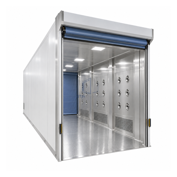 STjh large-forklift roll-up-door cargo air shower with a 3000 mm chamber and three repeated fan sections