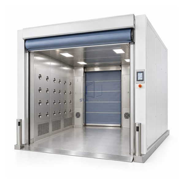 STjh shallow cargo air shower for small forklifts with a raised high-speed roll-up curtain and overhead roller hood