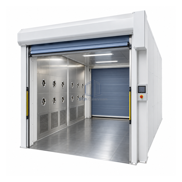 STjh 2000 mm deep cargo air shower for standard forklifts with a raised high-speed roll-up entrance curtain