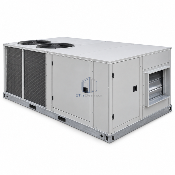 STjh 20-ton rooftop air handling unit with a short weatherproof chassis and condenser section on white.