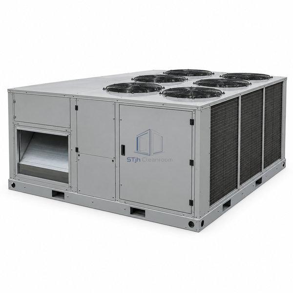 STjh 35-ton rooftop air handling unit with a broad refrigeration package and multiple condenser fan grilles on white.