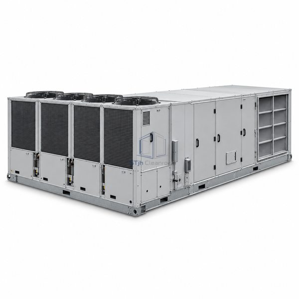 STjh 60-ton rooftop air handling unit with an elongated chassis and multiple refrigeration sections on white.