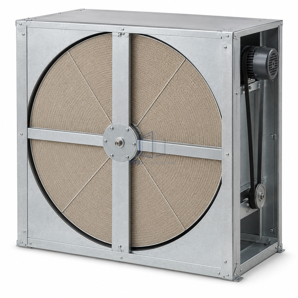 STjh 25-inch 1300 CFM rotary heat recovery wheel in a compact frame with a small belt drive on white.