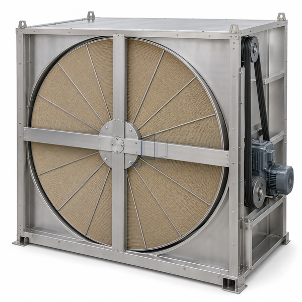 STjh 52-inch 7500 CFM rotary heat recovery wheel with a broad segmented matrix and large drive assembly on white.