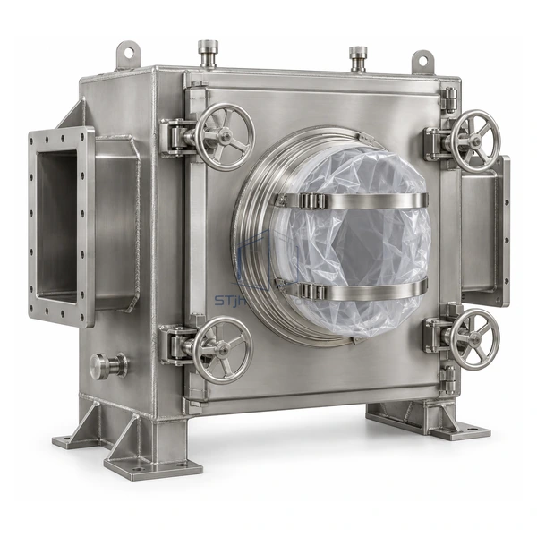 STJH-SAFE-CHANGE-HOUSING-SS-GASKET heavy-duty stainless BIBO housing with bagging ring and handwheels on a white background