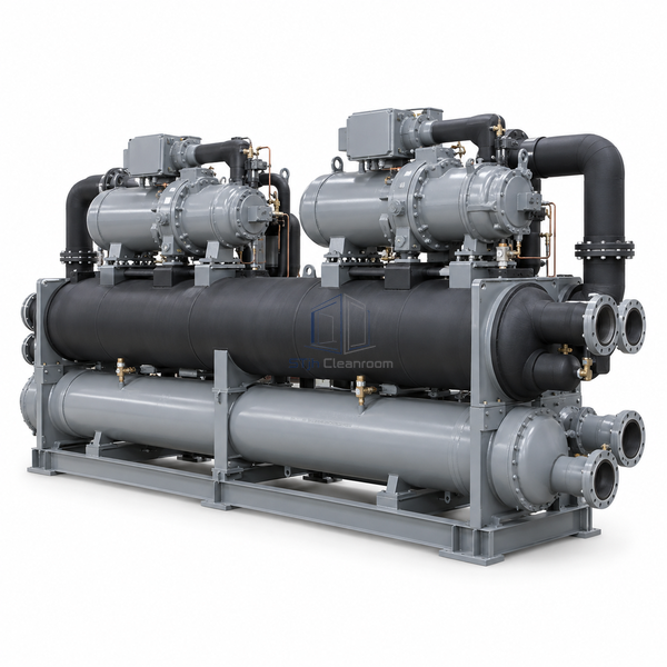 STjh 1407 kW dual-circuit screw chiller with paired compressor and heat-exchanger assemblies on white.