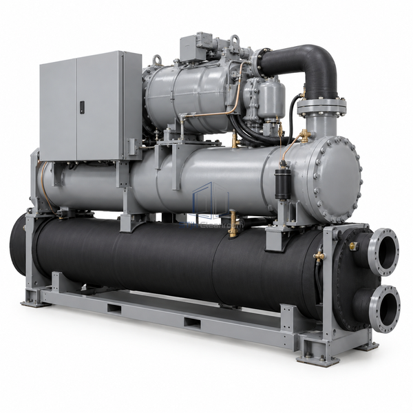 STjh 563 kW water-cooled screw chiller with a narrow single-compressor shell-and-tube package on white.