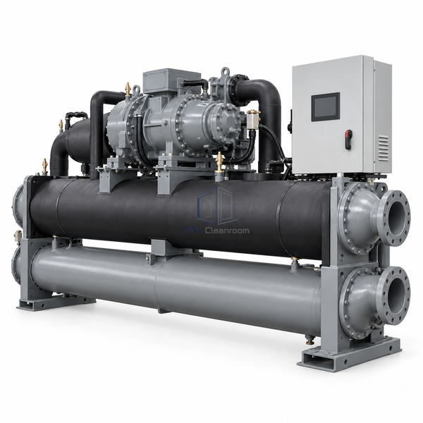 STjh 783 kW water-cooled screw chiller with enlarged water connections and extended heat exchangers on white.