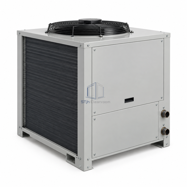 STjh 37 kW air-cooled scroll chiller with a compact condenser and short refrigeration bay on white.
