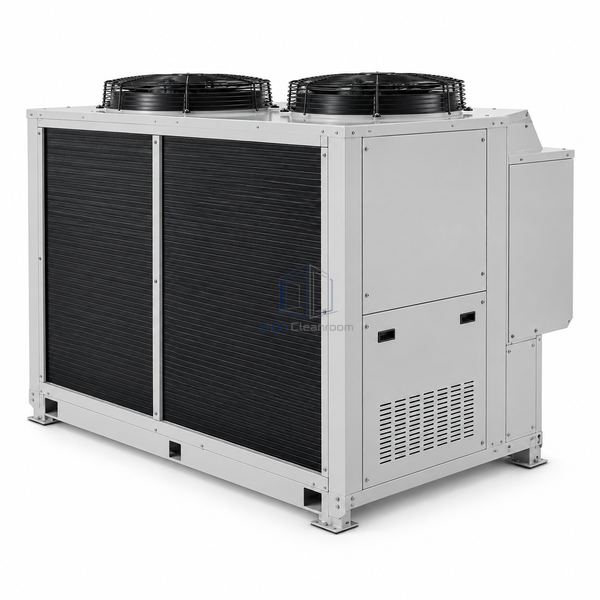 STjh 66 kW air-cooled scroll chiller with a broader condenser housing and enlarged compressor section on white.