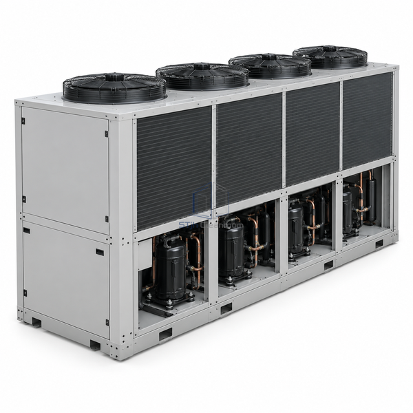 STjh 82 kW air-cooled scroll chiller with an extended condenser surface and deep refrigeration chassis on white.