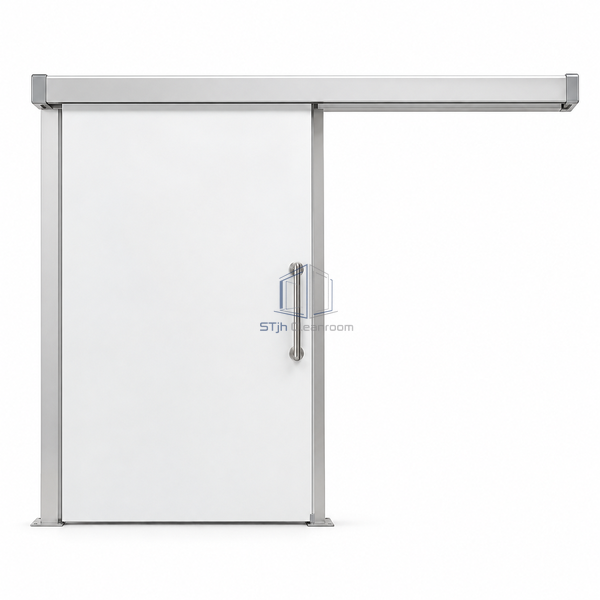 STjh manual sliding seamless FRP door on white with an opaque blade, pull handle and lateral overhead support.