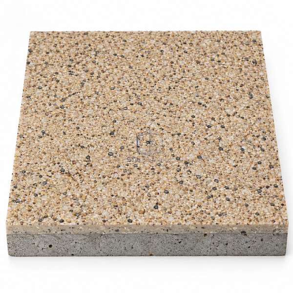 STJH elastic quartz-broadcast MMA flooring cured sample with fine textured face and layered cut edge on white