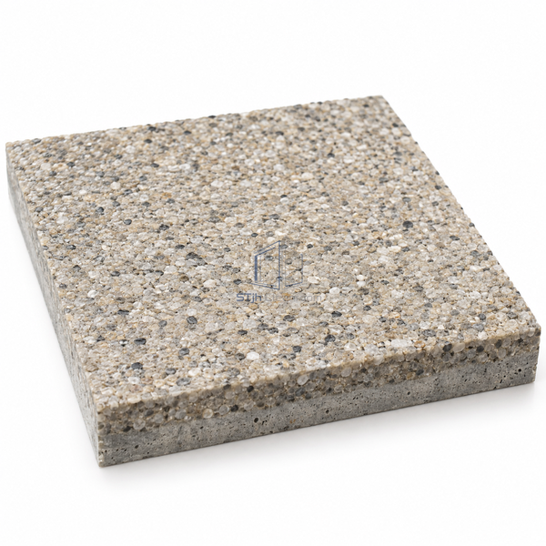STJH trowelled MMA quartz mortar cured sample with granular body and complete 4-5 mm cut section on white
