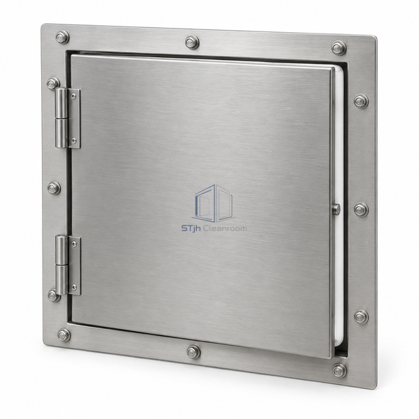 STjh 12 x 12 in square stainless explosion-relief hatch with a bolted perimeter flange and hinged panel against white.