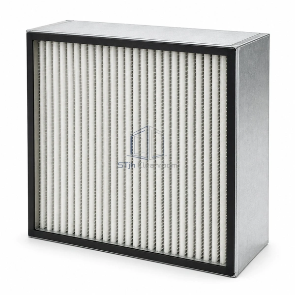 STJH-SEPARATOR-HEPA-H13-610X610X150 shallow metal HEPA box with aluminum-separated folds on white
