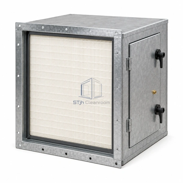 STJH-SIDE-ACCESS-HEPA-HOUSING-1W galvanized duct housing with one filter and a closed side service door