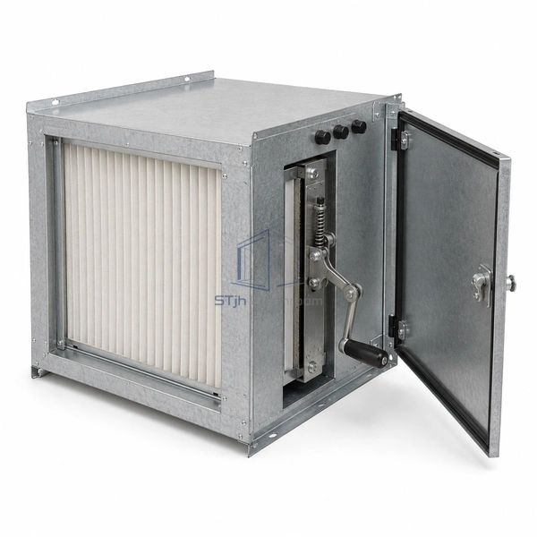 STJH-SIDE-ACCESS-HEPA-HOUSING-CRANK side-access HEPA housing with crank clamp mechanism on a white background