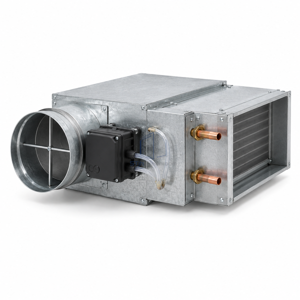 STJH-SINGLE-DUCT-VAV-REHEAT-TERMINAL-DN150-HW white-background main view of compact VAV box with copper water connections