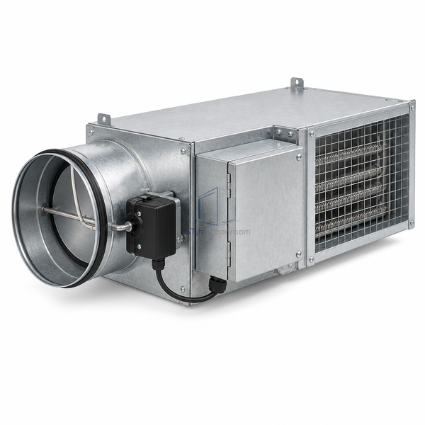 STJH-SINGLE-DUCT-VAV-REHEAT-TERMINAL-DN200-ELECTRIC white-background main view with electric heater enclosure and round inlet