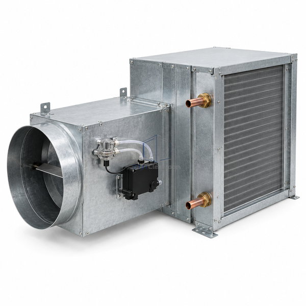 STJH-SINGLE-DUCT-VAV-REHEAT-TERMINAL-DN300-HW-HC white-background main view of large VAV unit and oversized water coil
