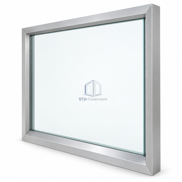 STJH-SINGLE-GLAZED-CLEANROOM-PARTITION-BEVELED sloped glass surround on white background