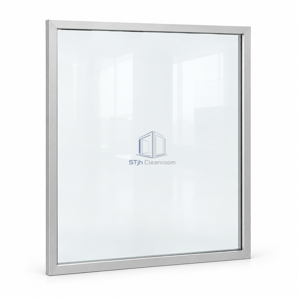 STJH-SINGLE-GLAZED-CLEANROOM-PARTITION-STANDARD centered framed glass panel on white background