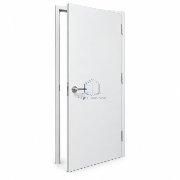 STjh bi-flush single cleanroom door displayed on white with aligned frame surfaces and a smooth opaque metal leaf.