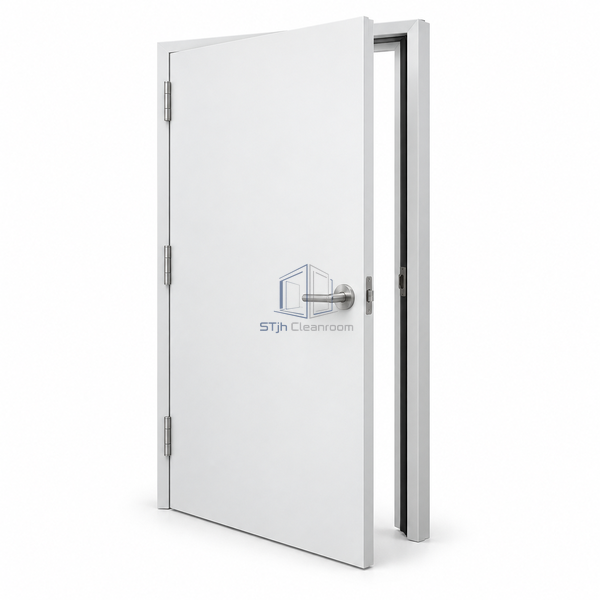 STjh one-side-flush cleanroom swing door on white, showing its aligned front plane and recessed reverse-side frame detail.