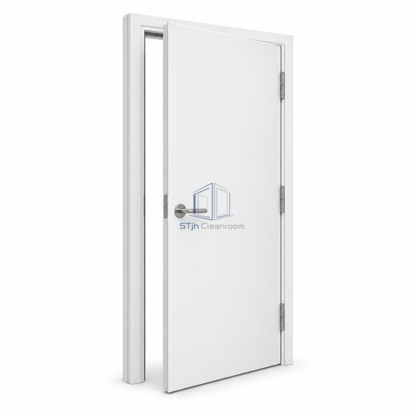 STjh semi-flush single cleanroom door on white with a shallow stepped surround visible beside the hinged leaf.