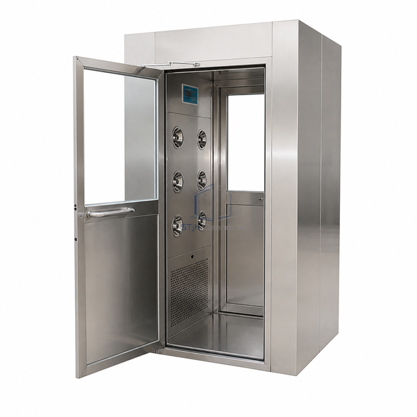 STjh single-person stainless steel air shower with an open glazed entrance door and six nozzles in two columns on one interior wall