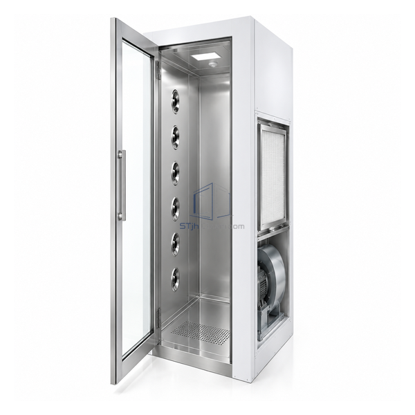 STjh shallow 1300 by 800 mm single-person air shower with six one-side nozzles and compact HEPA module