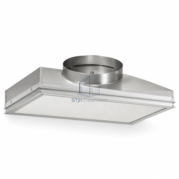 STJH-SLIM-HEPA-H14-12IN slim terminal HEPA module with round collar on a white background