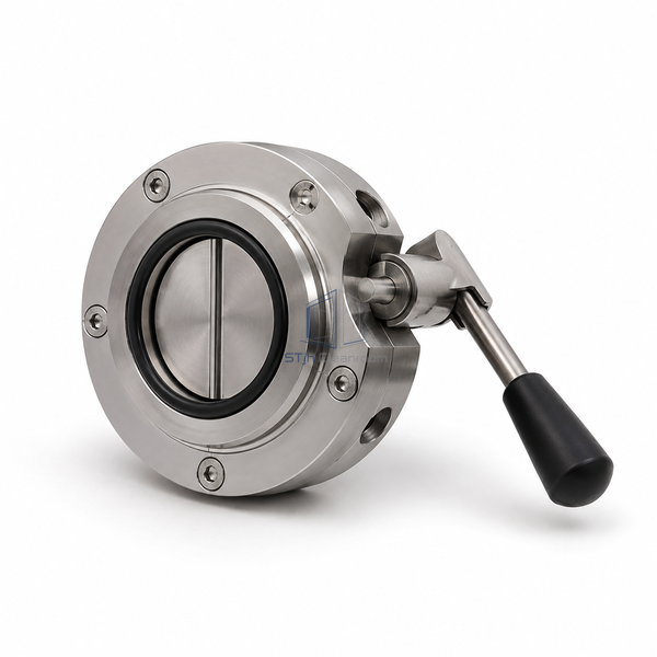 STjh DN100 lightweight split butterfly valve with a compact circular body and black manual grip on white