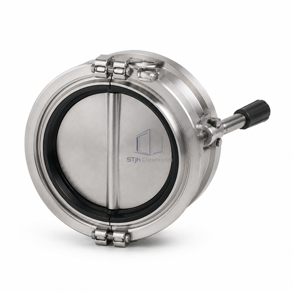 STjh DN150 lightweight split butterfly valve showing its broad disc and short manual handle on white