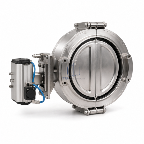 STjh DN250 automated split butterfly valve with a pneumatic actuator and blue air lines on white