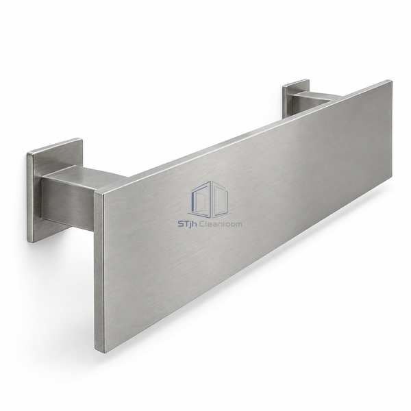 STJH-STAINLESS-STEEL-CLEANROOM-CRASH-RAIL-102-FLAT broad flat stainless rail with Z brackets on a white background