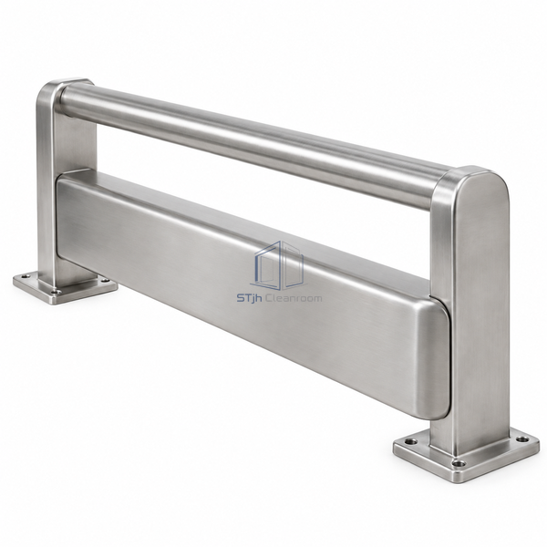 STJH-STAINLESS-STEEL-CLEANROOM-CRASH-RAIL-178-LOWLEVEL deep low-level stainless rail assembly on a white background