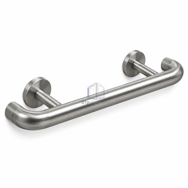 STJH-STAINLESS-STEEL-CLEANROOM-CRASH-RAIL-38-WALL round stainless rail and wall brackets on a white background