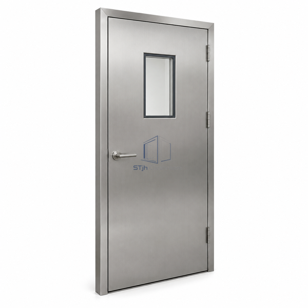STjh 304 stainless paper-honeycomb cleanroom door on white with a compact rectangular light and brushed frame.