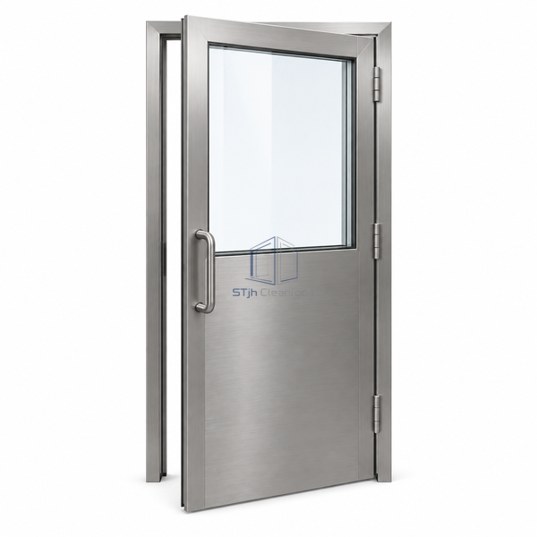 STjh 316L polystyrene-core cleanroom door on white, showing its broad upper window and welded stainless frame.