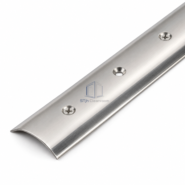 STJH 35 mm polished 304 stainless cover strip with recessed fixing holes and complete rounded profile on white