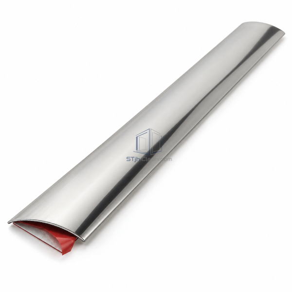 STJH 30 mm polished stainless floor cover strip with adhesive backing and complete rounded ends on white