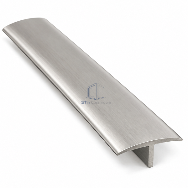 STJH stainless T-inlay floor trim showing broad cap and full 9 mm vertical anchoring leg on white