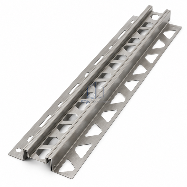 STJH all-metal 304 stainless mortar-bed movement profile with formed center and complete perforated section on white