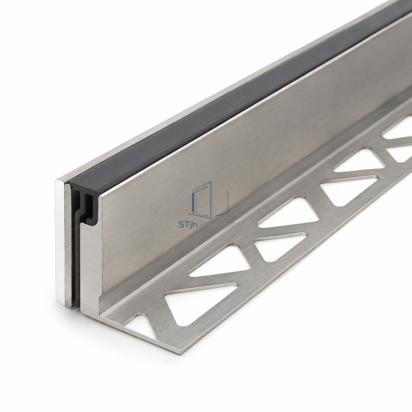 STJH 316L perimeter movement joint with one metal anchoring leg and 10 mm flexible strip on white