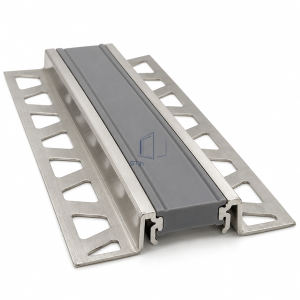 STJH paired 304 stainless movement-joint rails with dark replaceable TPE center and complete anchoring legs on white