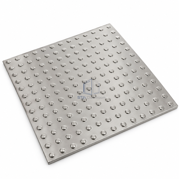 STJH 304 stainless floor plate with raised round dots and complete rectangular edges on white