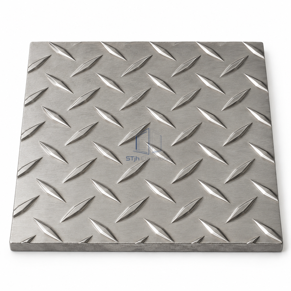 STJH 304L diamond-pattern stainless floor plate showing raised elongated tread and solid cut edge on white